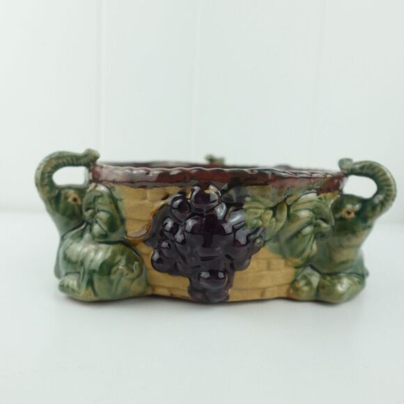 Majolica Art Pottery Elephant & Grapes Planter Glazed Planter Pot Bowl - Picture 4 of 14
